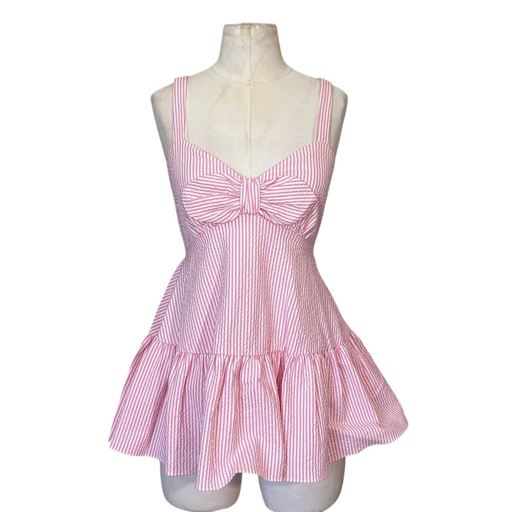 Kate Spade Pink Seersucker Peplum Babydoll Bow Mini Dress/Top Medium NWOT